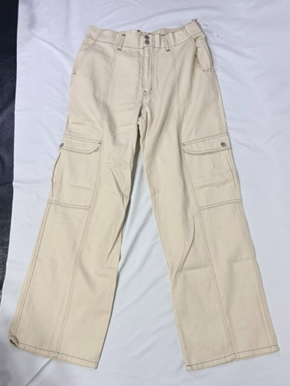 RSQ Smock Waist Loose Cargo Pants Ecru Beige Wide Leg High Rise Contrast Stitch